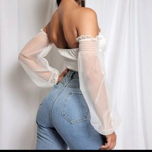 Off Shoulder Shirted Detail Sheer Mesh Lantern Sleeve